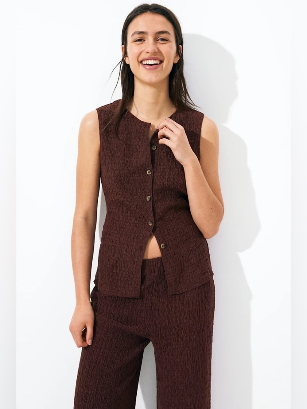 H&M Brown Textured Co-Ord Set Wide Leg Pants Sleeveless Top XXS - Picture 12 of 16